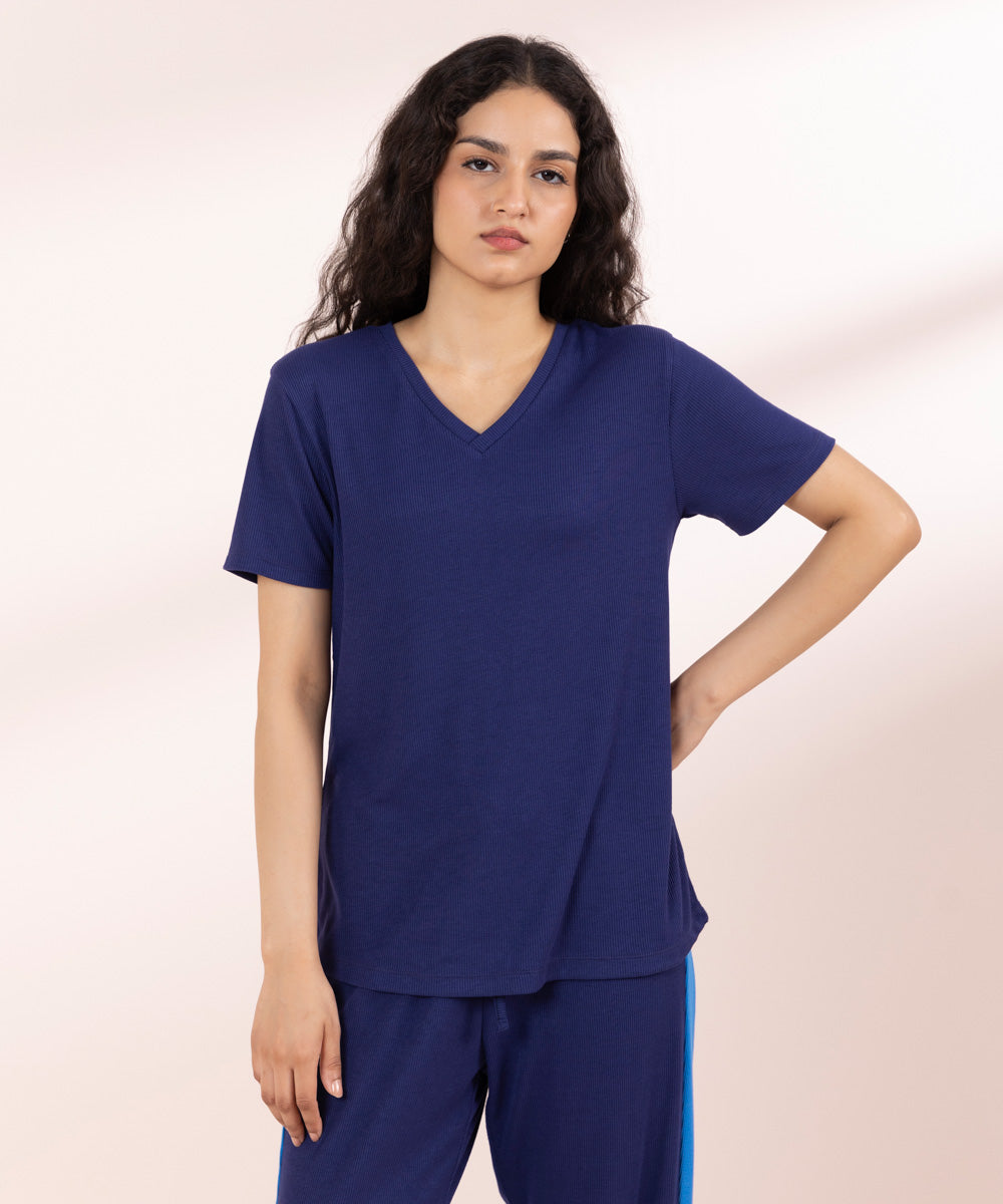 Womens Blue Sleepwear V-Neck T-Shirt