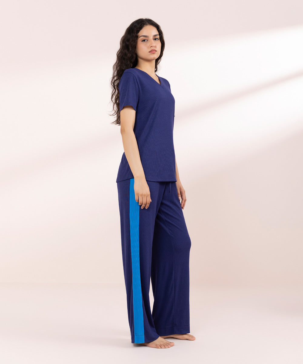 Womens Blue Sleepwear V-Neck T-Shirt