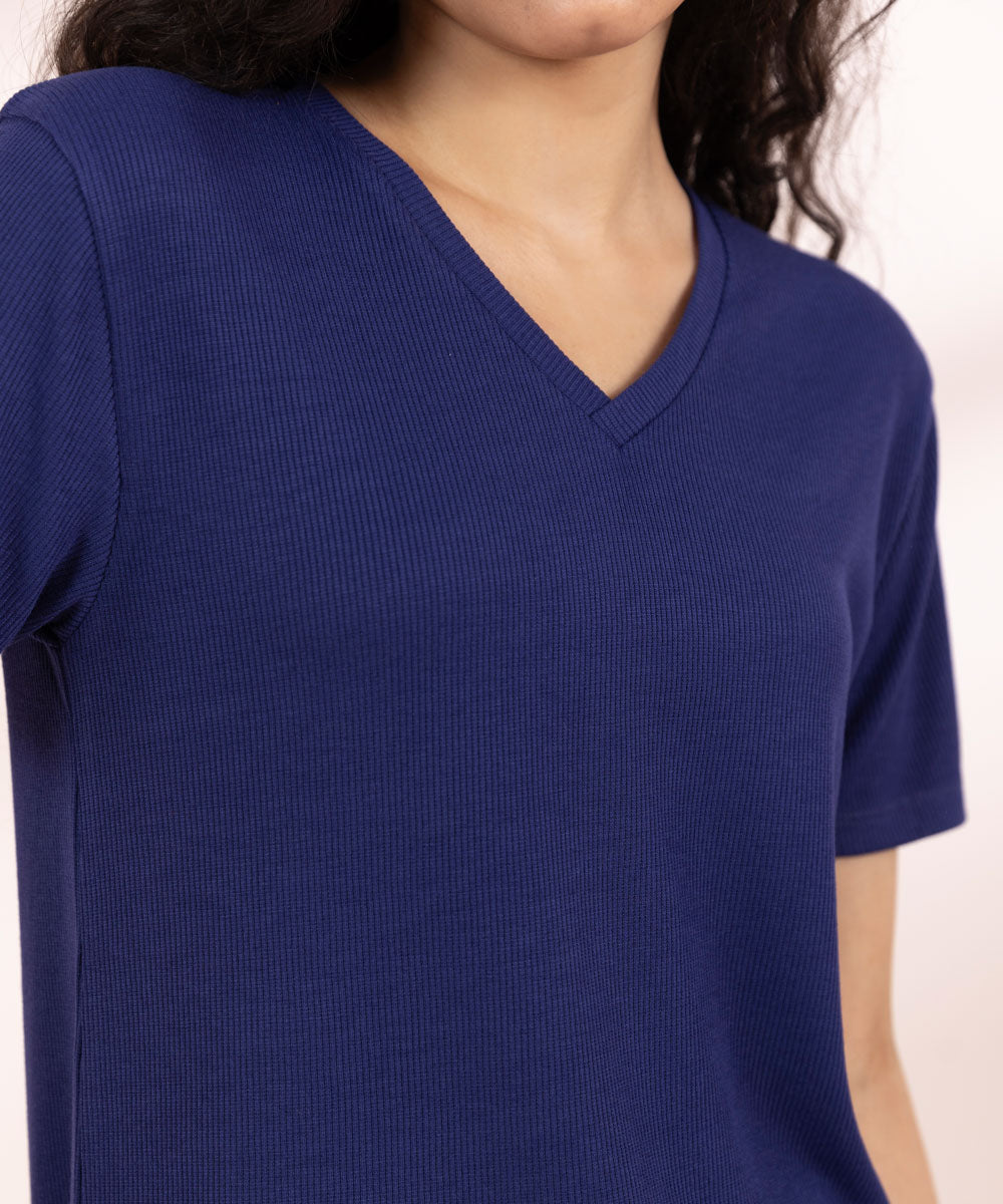 Womens Blue Sleepwear V-Neck T-Shirt