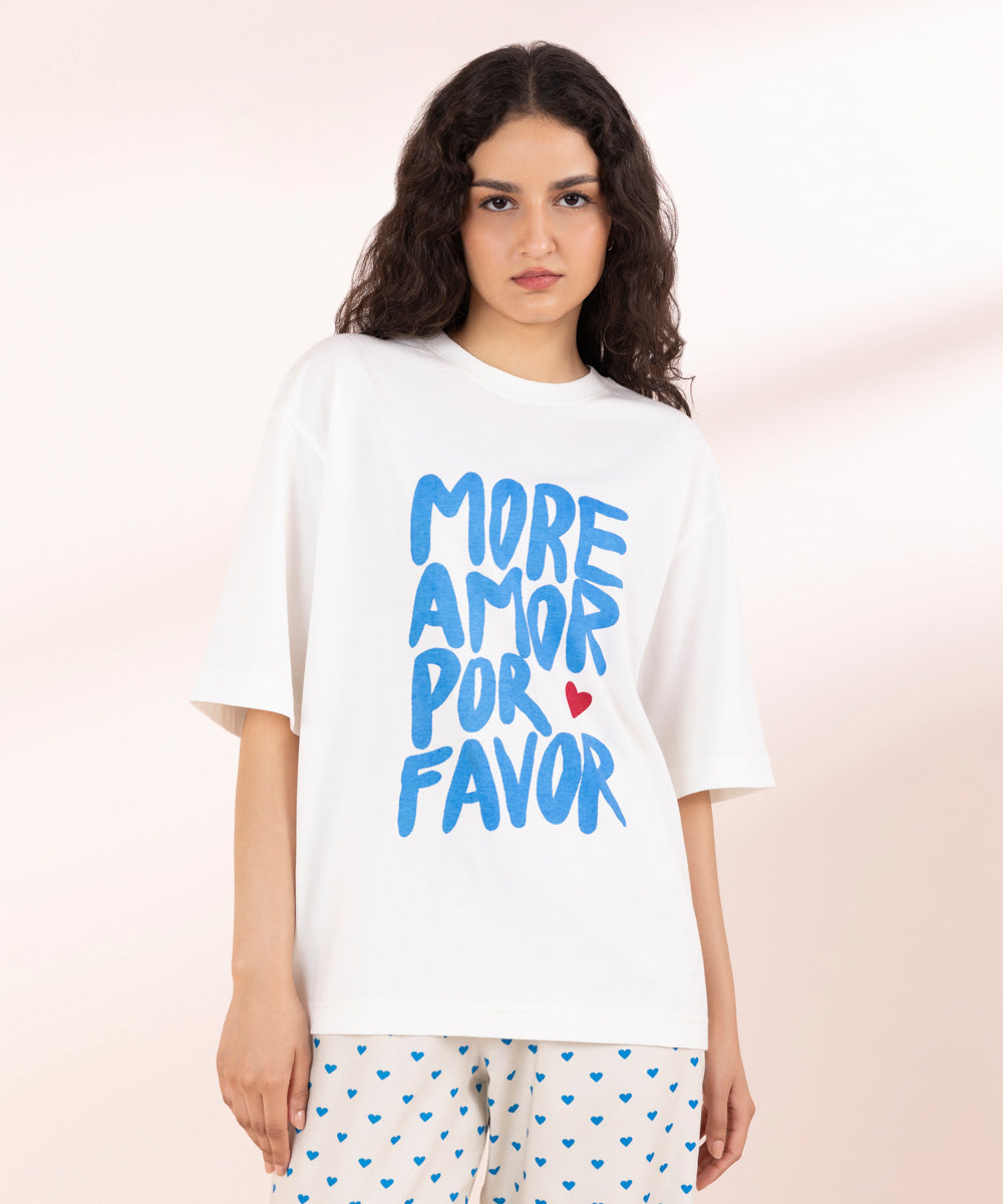 Womens White Sleepwear Graphic Print Oversized T-Shirt