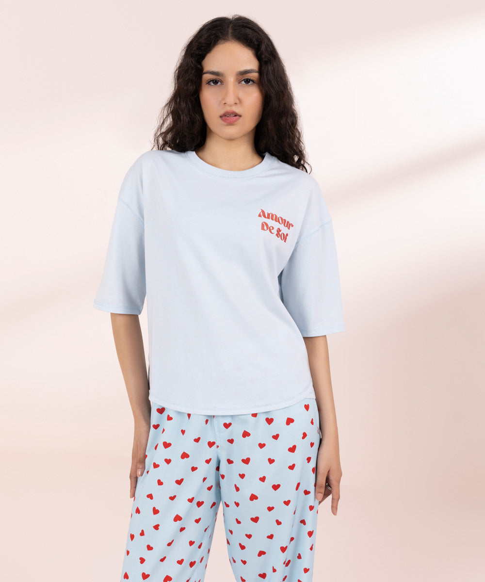 Womens Blue Sleepwear Slogan Printed T-Shirt