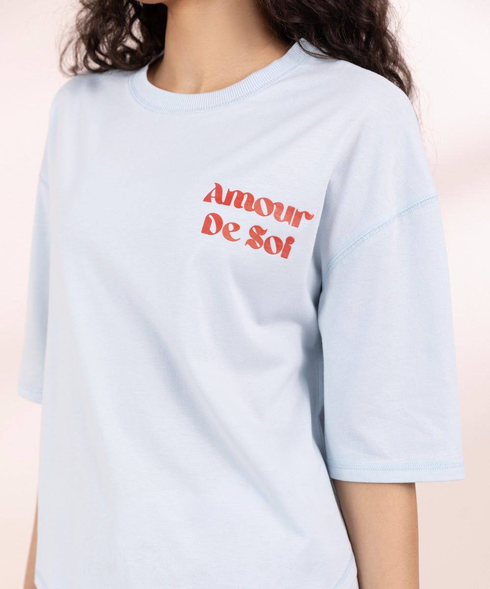 Womens Blue Sleepwear Slogan Printed T-Shirt