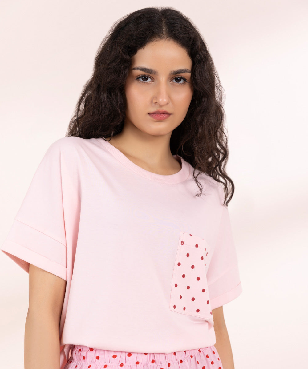 Womens Pink Sleepwear T-Shirt With Printed Pocket