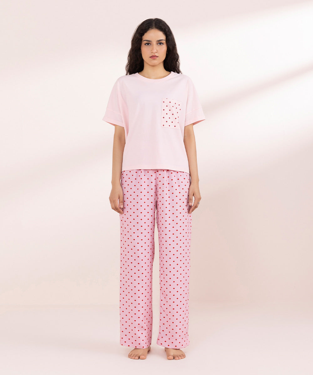 Womens Pink Sleepwear T-Shirt With Printed Pocket