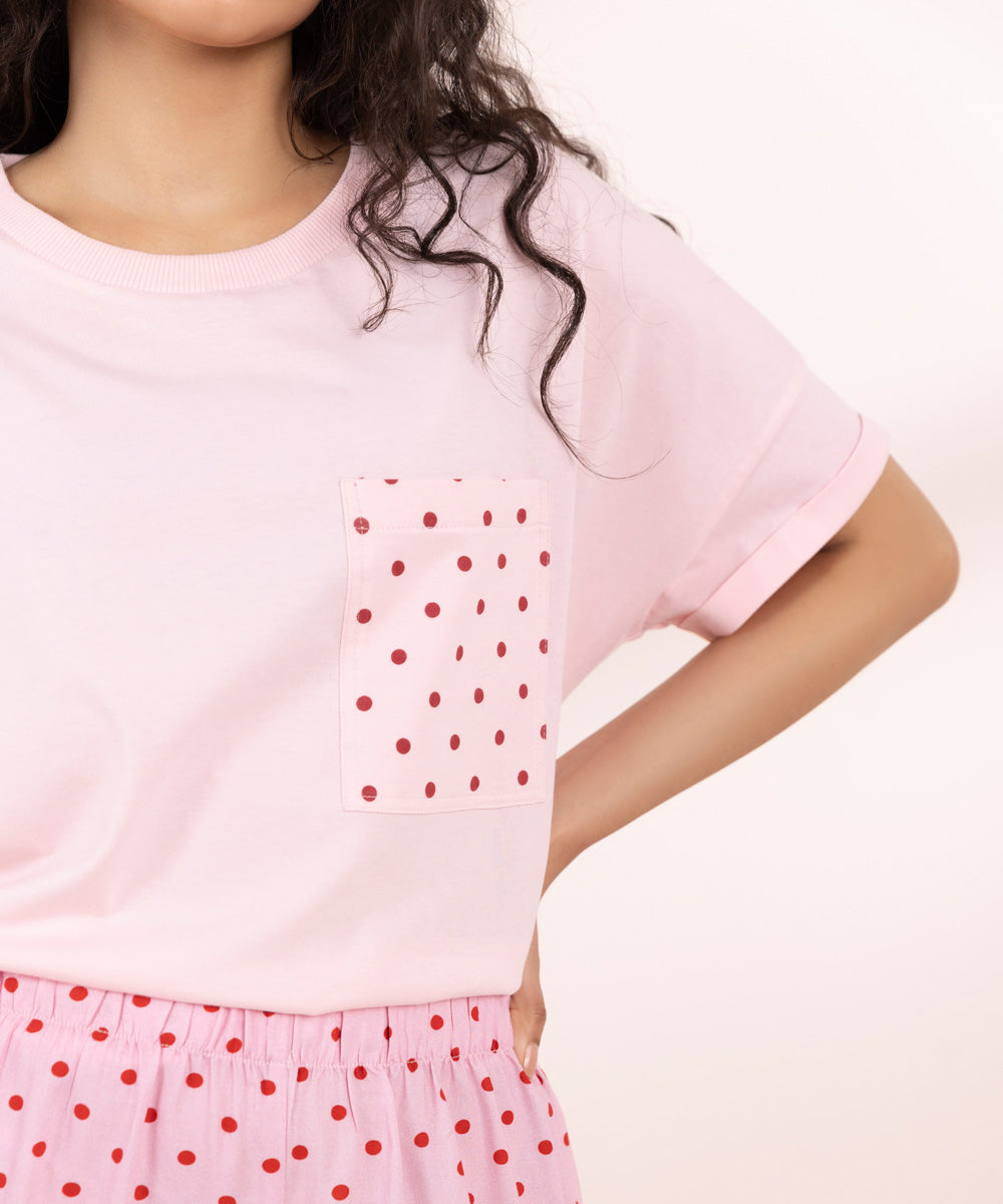 Womens Pink Sleepwear T-Shirt With Printed Pocket