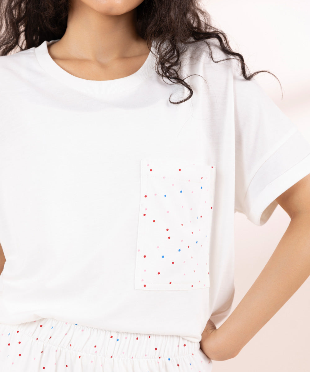 Womens White Sleepwear T-Shirt With Printed Pocket