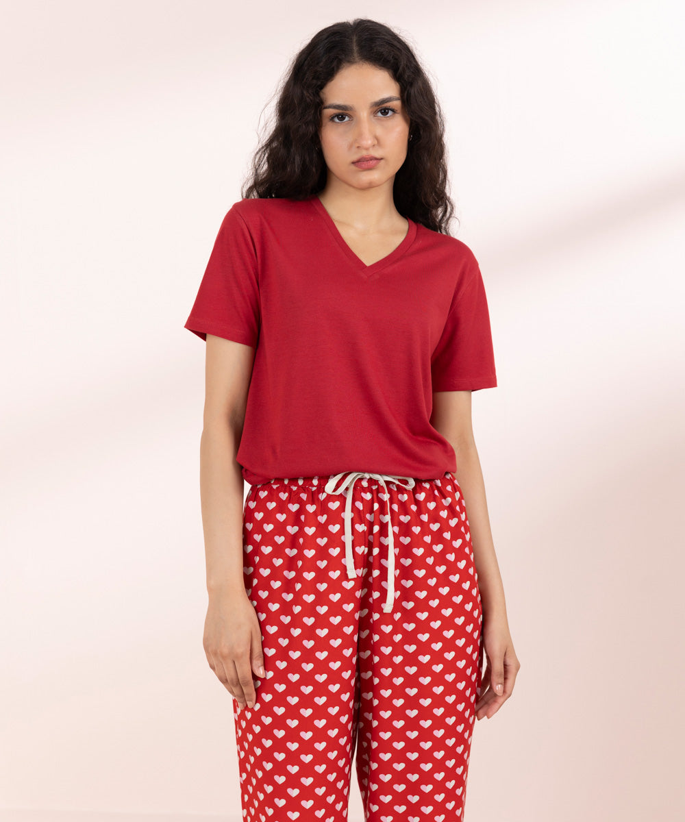 Womens Red Sleepwear V-Neck T-Shirt