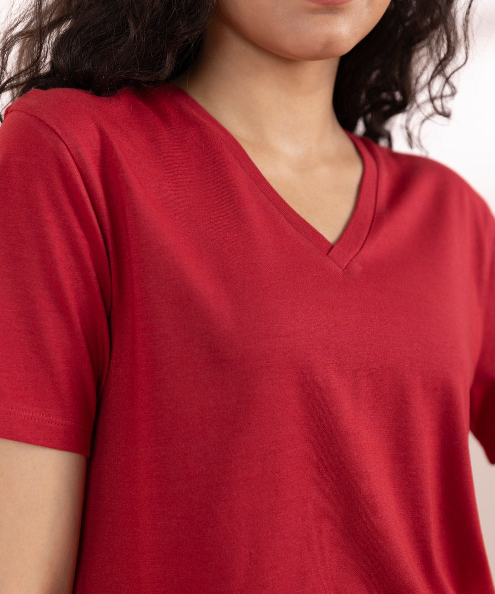 Womens Red Sleepwear V-Neck T-Shirt