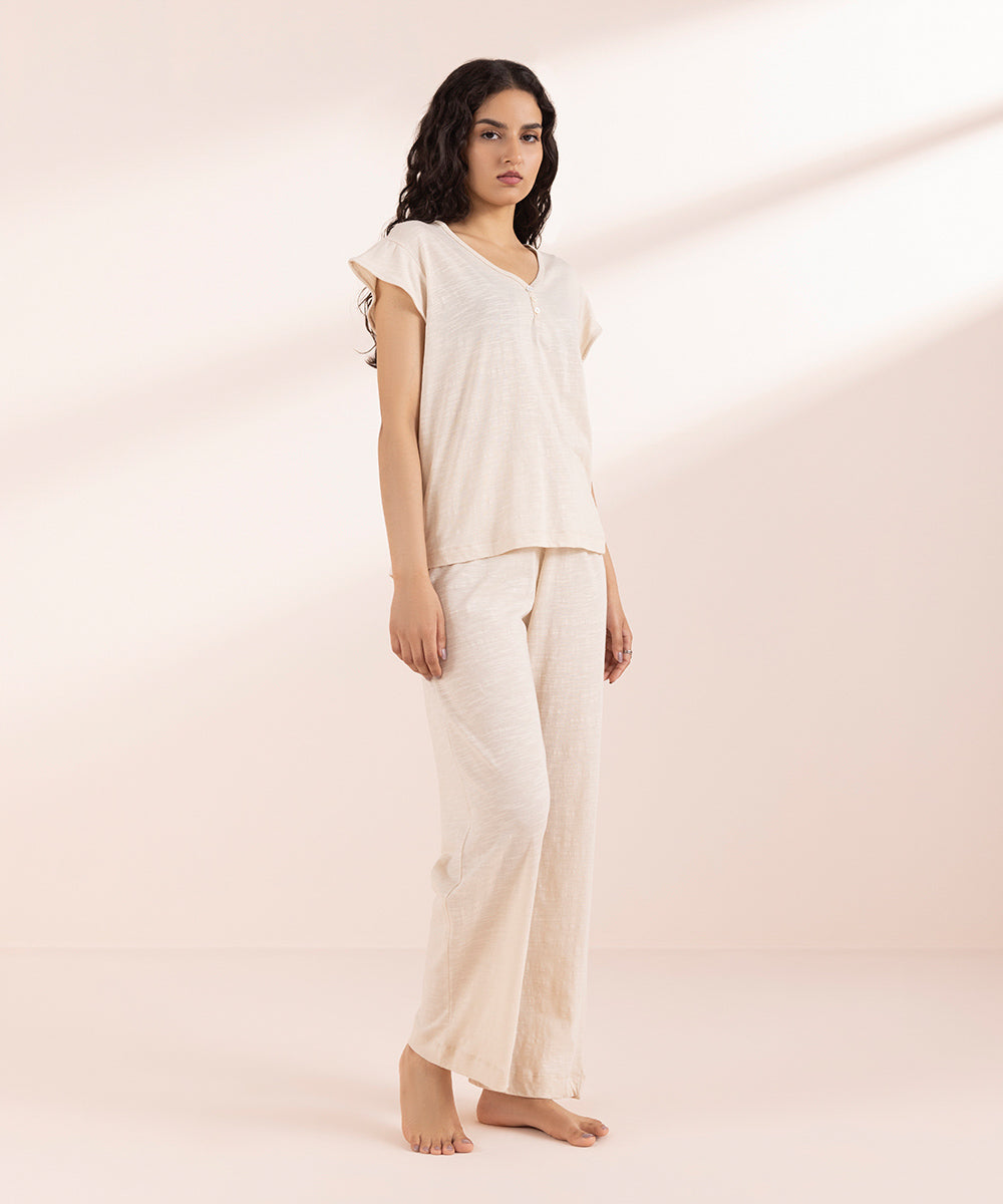 Women's Beige Henley V Neck T-Shirt 