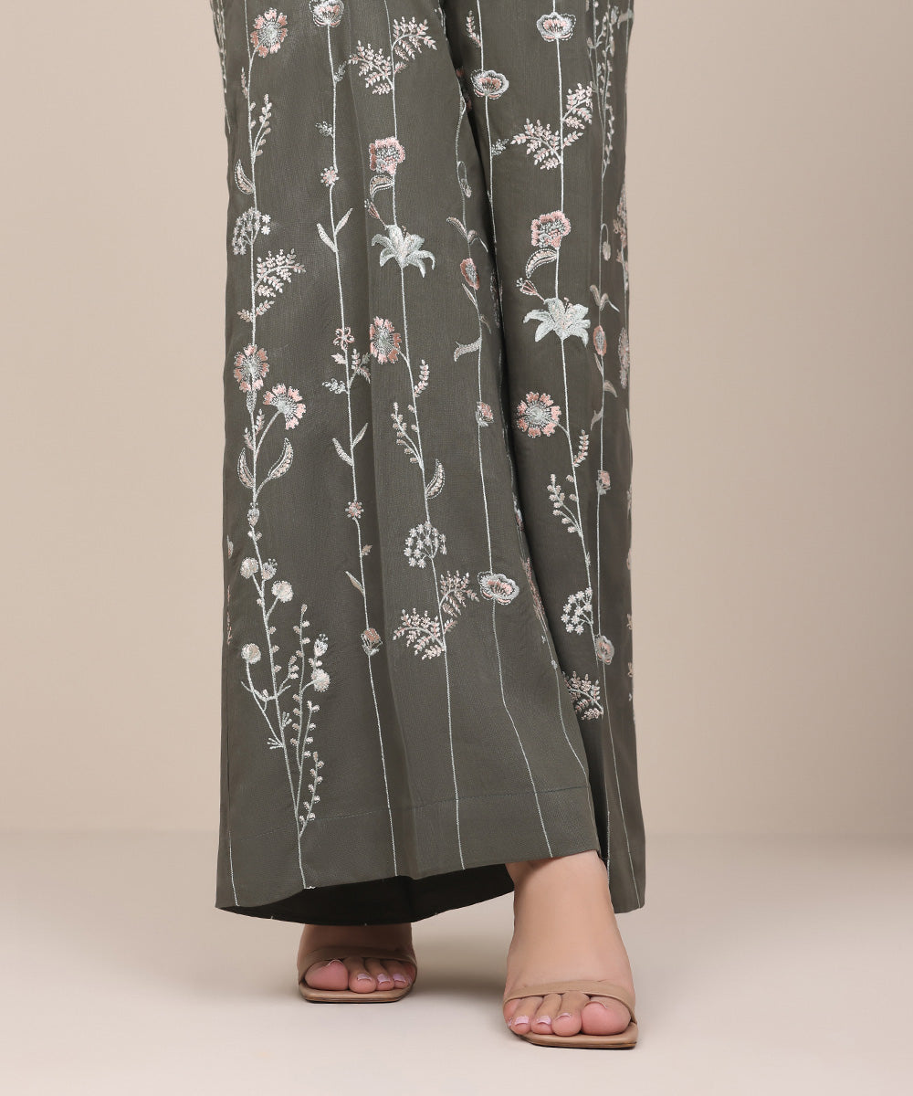 Women's Pret Dyed Green Embroidered Flared Pants