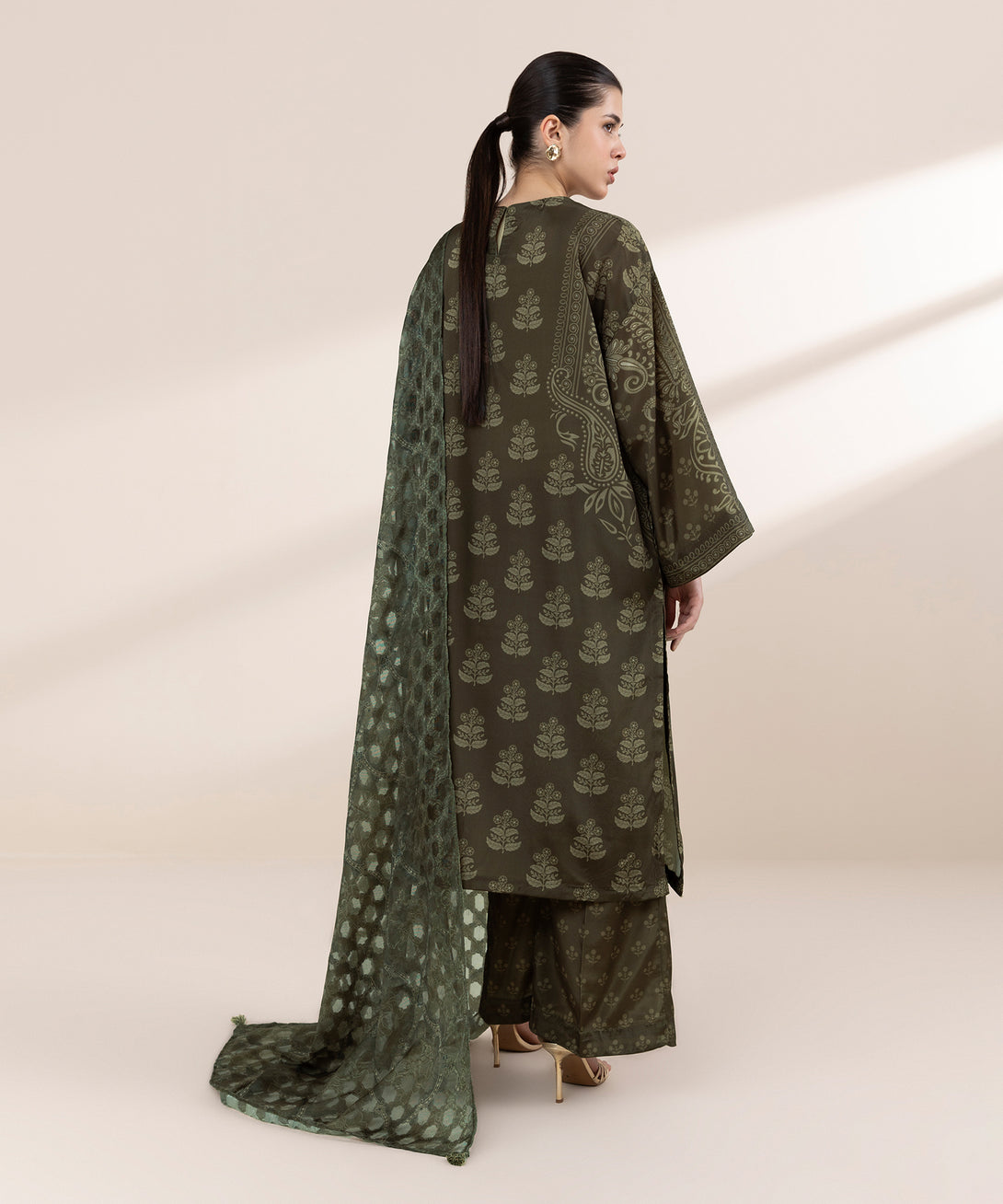 Women's RTW Blended Grip Brown Printed Three Piece Suit