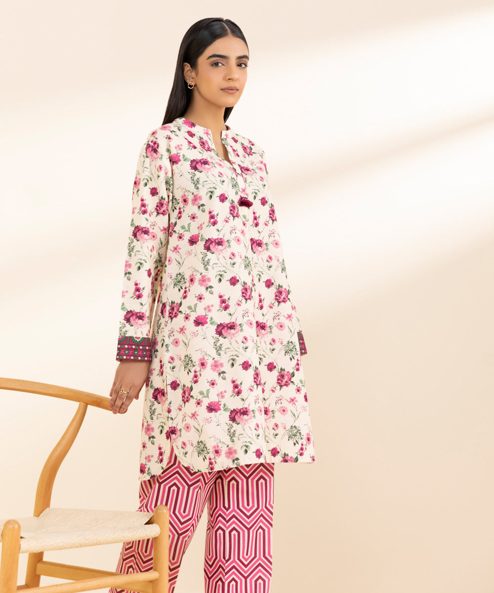 Women's Unstitched Khaddar Printed Pink 2 Piece Suit