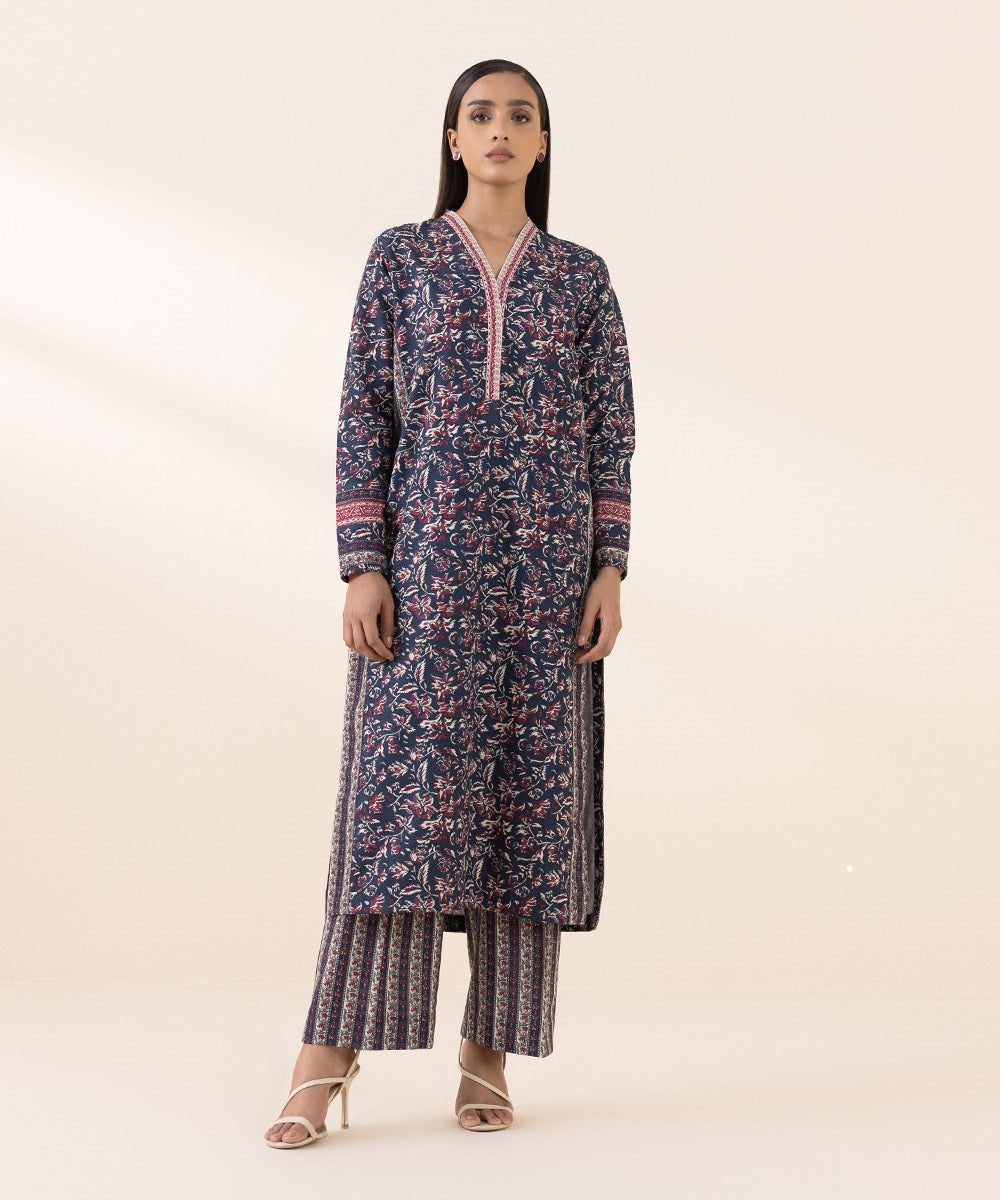 Women's Unstitched Light Khaddar Blue Printed 2 Piece Suit 