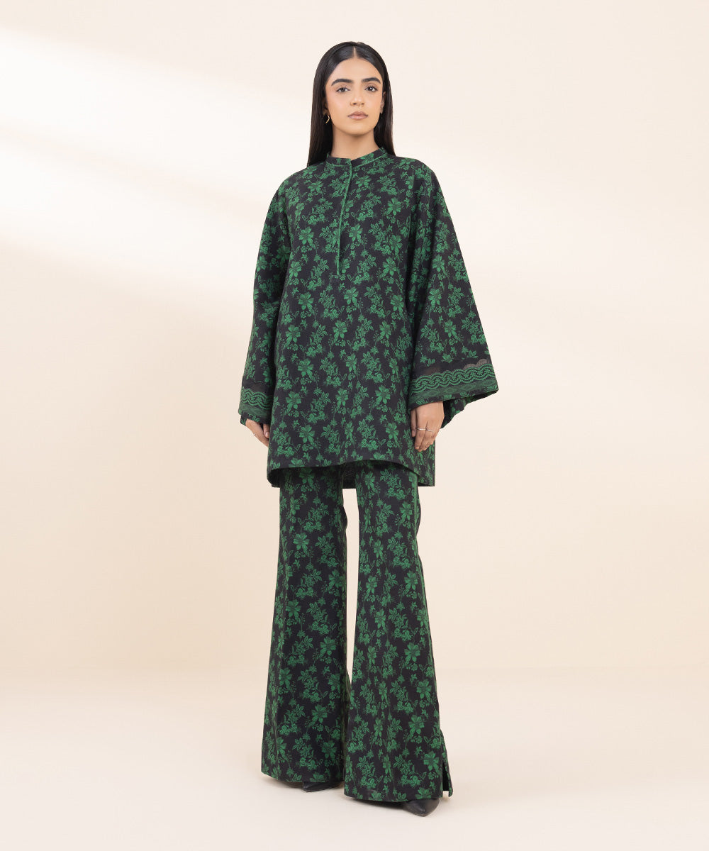 Women's Unstitched Khaddar Printed Green 2 Piece Suit