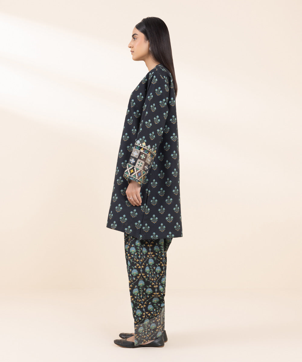 Women's Unstitched Khaddar Embroidered Black 2 Piece Suit