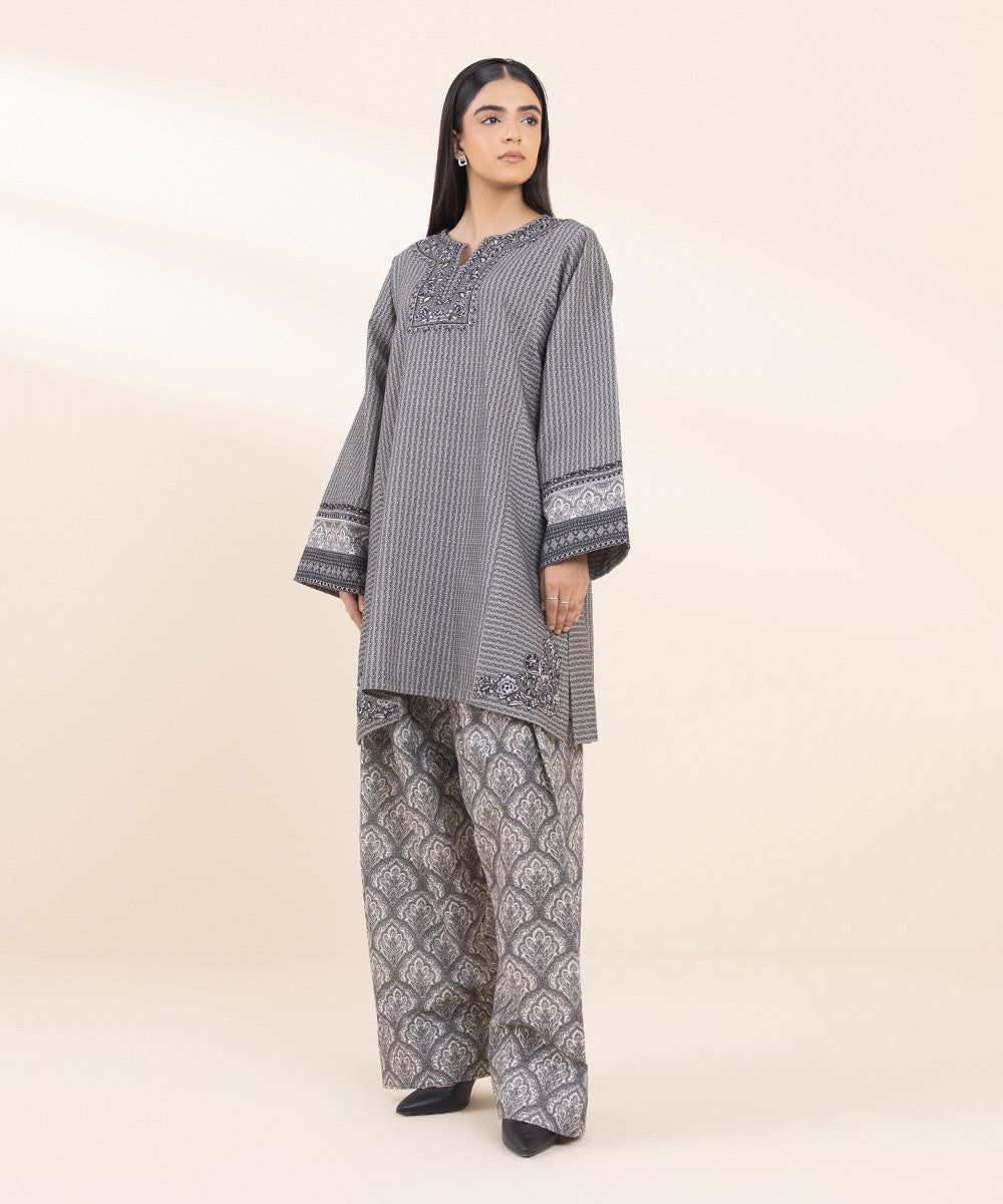 Women's Unstitched Khaddar Embroidered Grey 2 Piece Suit