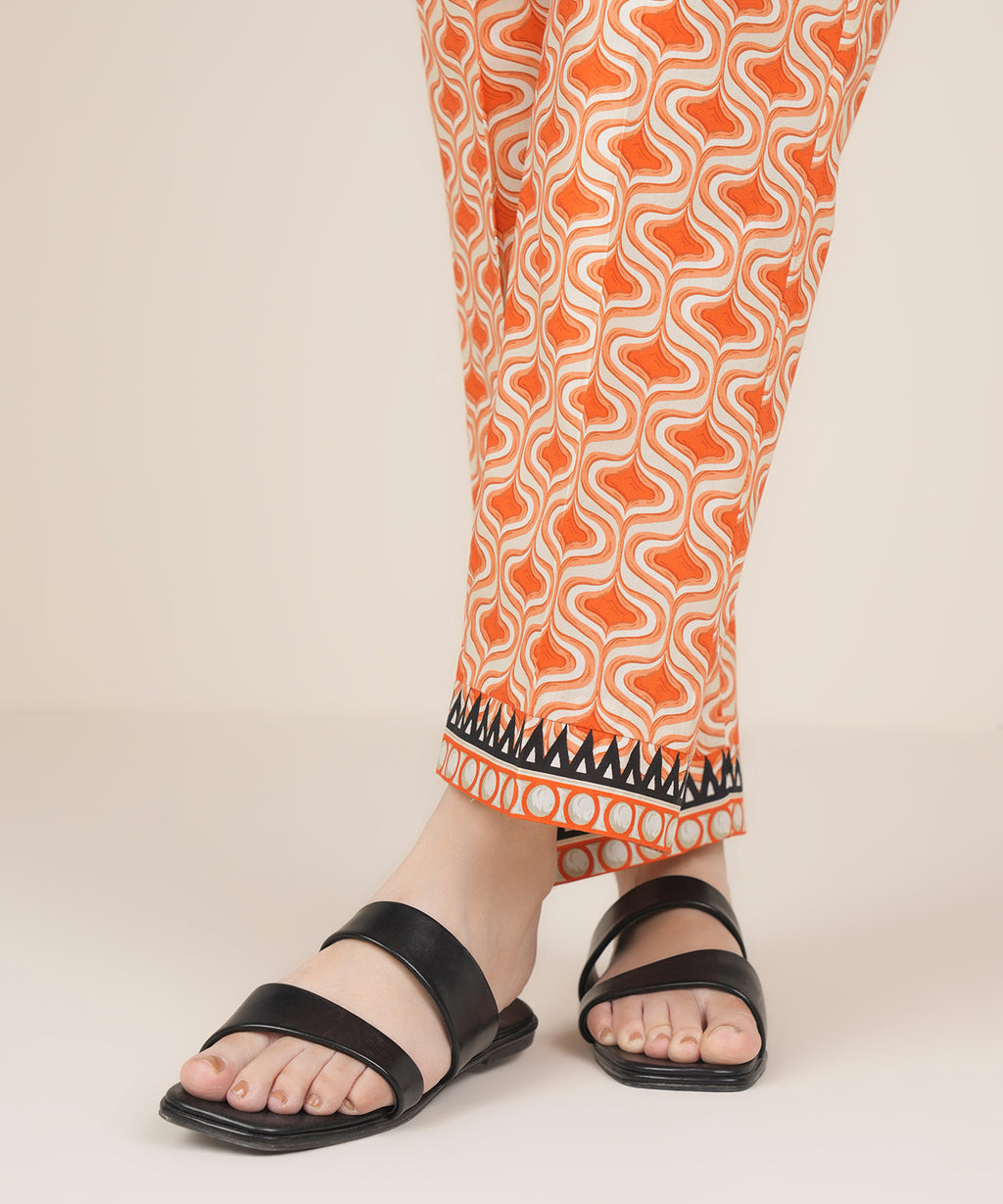 Women's RTW Cambric Orange Printed Straight Pants