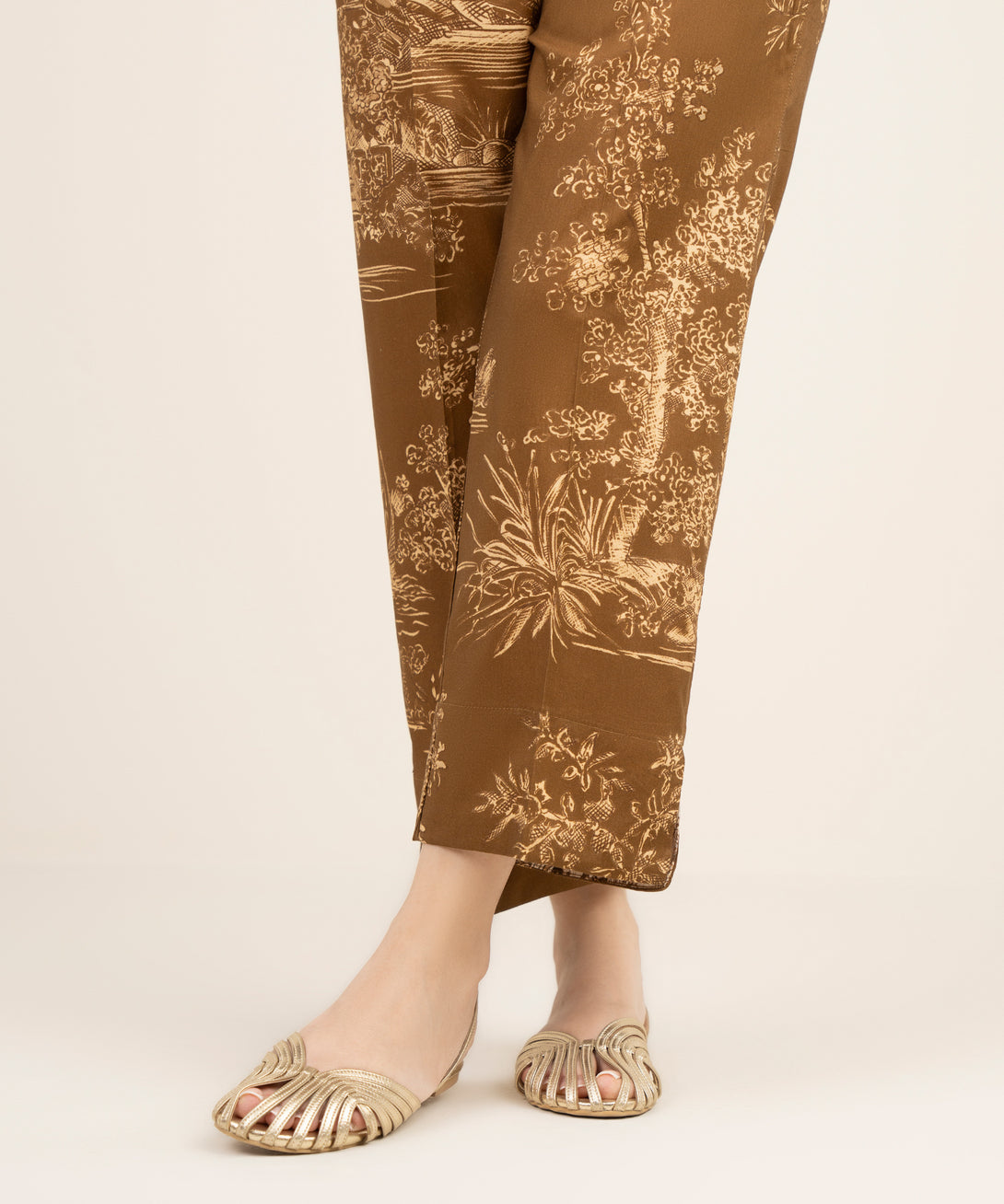 Women's RTW Cotton Viscose Printed Brown Straight Pants