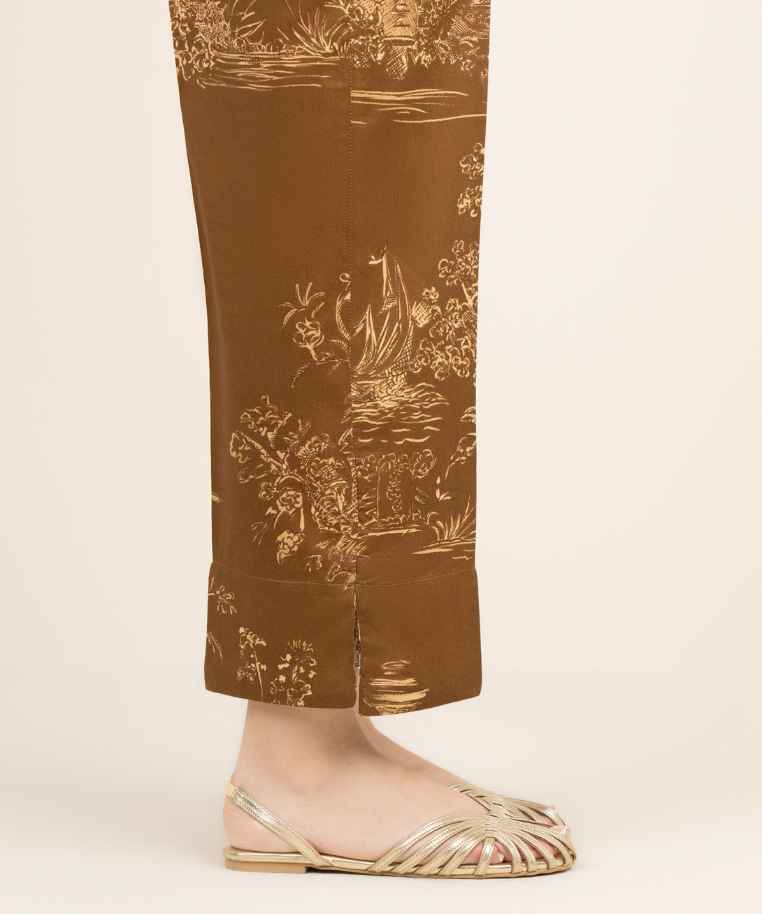 Women's RTW Cotton Viscose Printed Brown Straight Pants