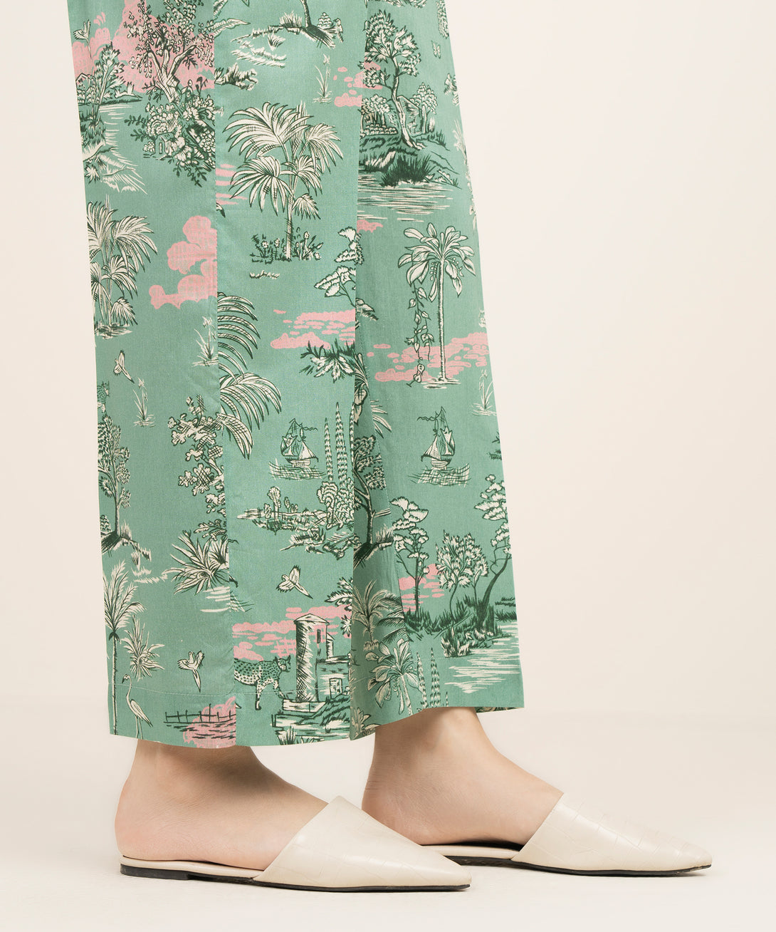 Women's RTW Cotton Viscose Printed Green Straight Pants