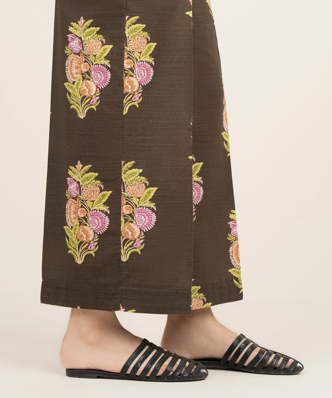 Women's RTW Light Khaddar Printed Brown Flared Pants