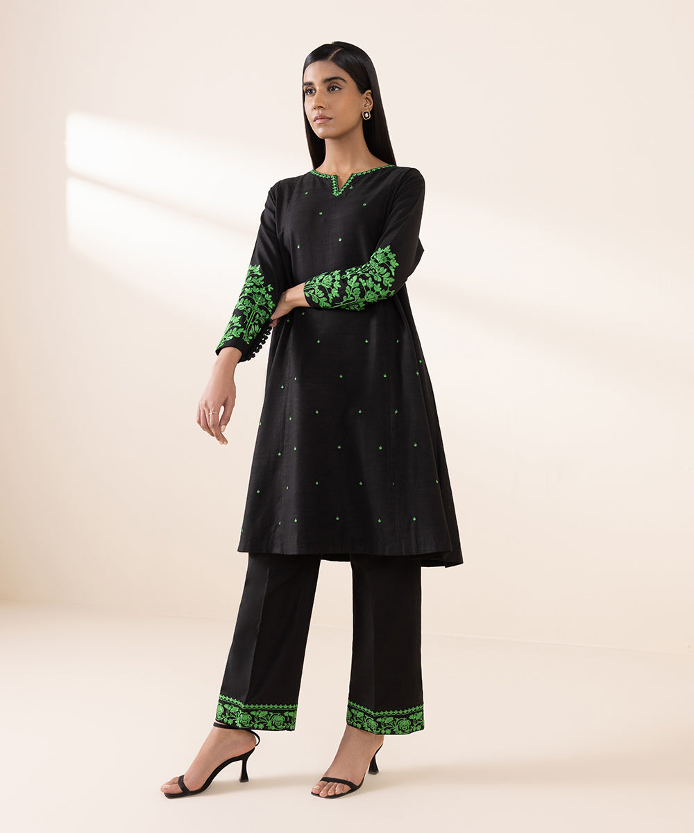 Women's Unstitched Light Khaddar Black Embroidered 2 Piece Suit 