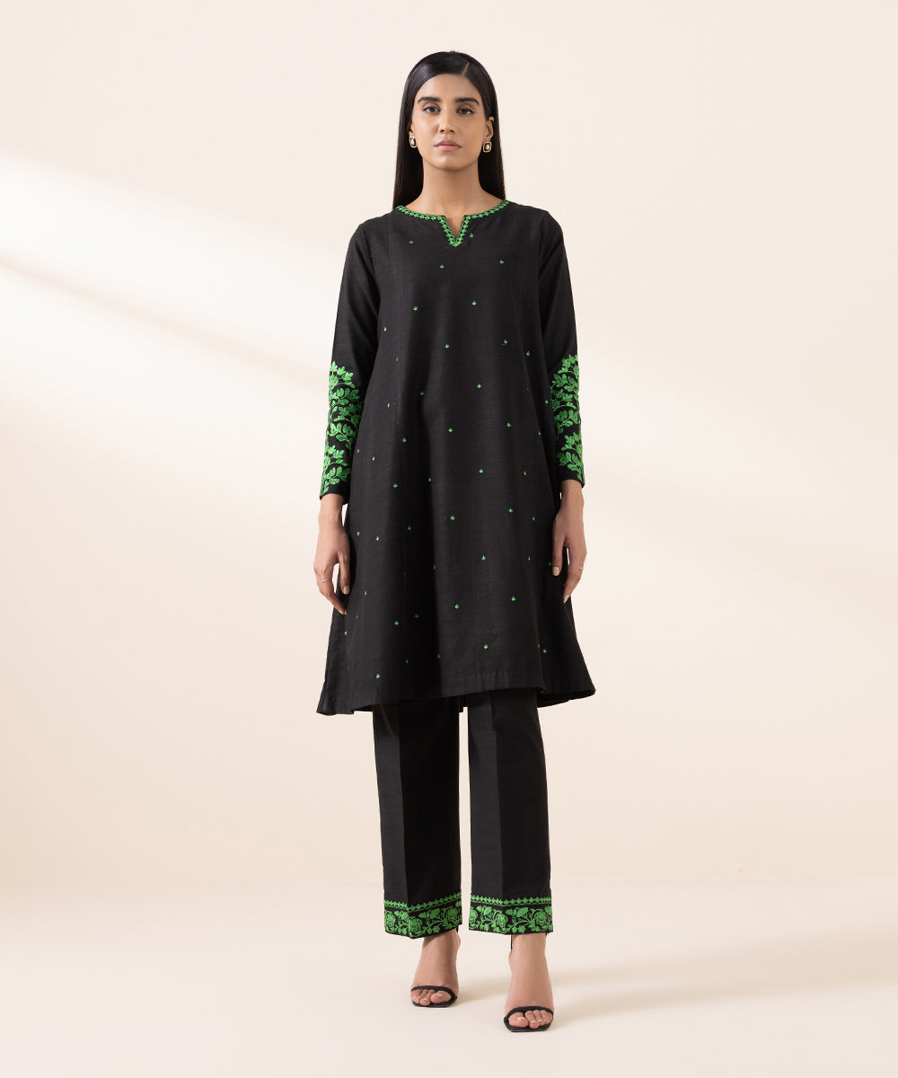 Women's Unstitched Light Khaddar Black Embroidered 2 Piece Suit 