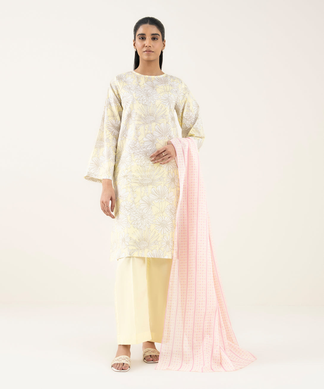 Women's Unstitched Lawn Printed Yellow 3 Piece Suit