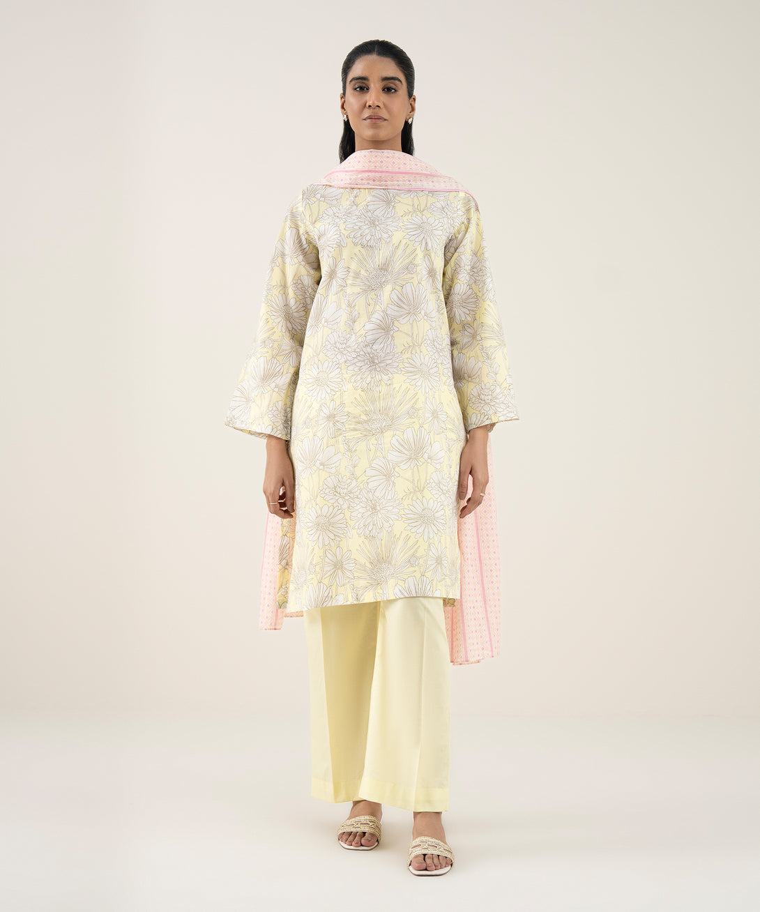 Women's Unstitched Lawn Printed Yellow 3 Piece Suit