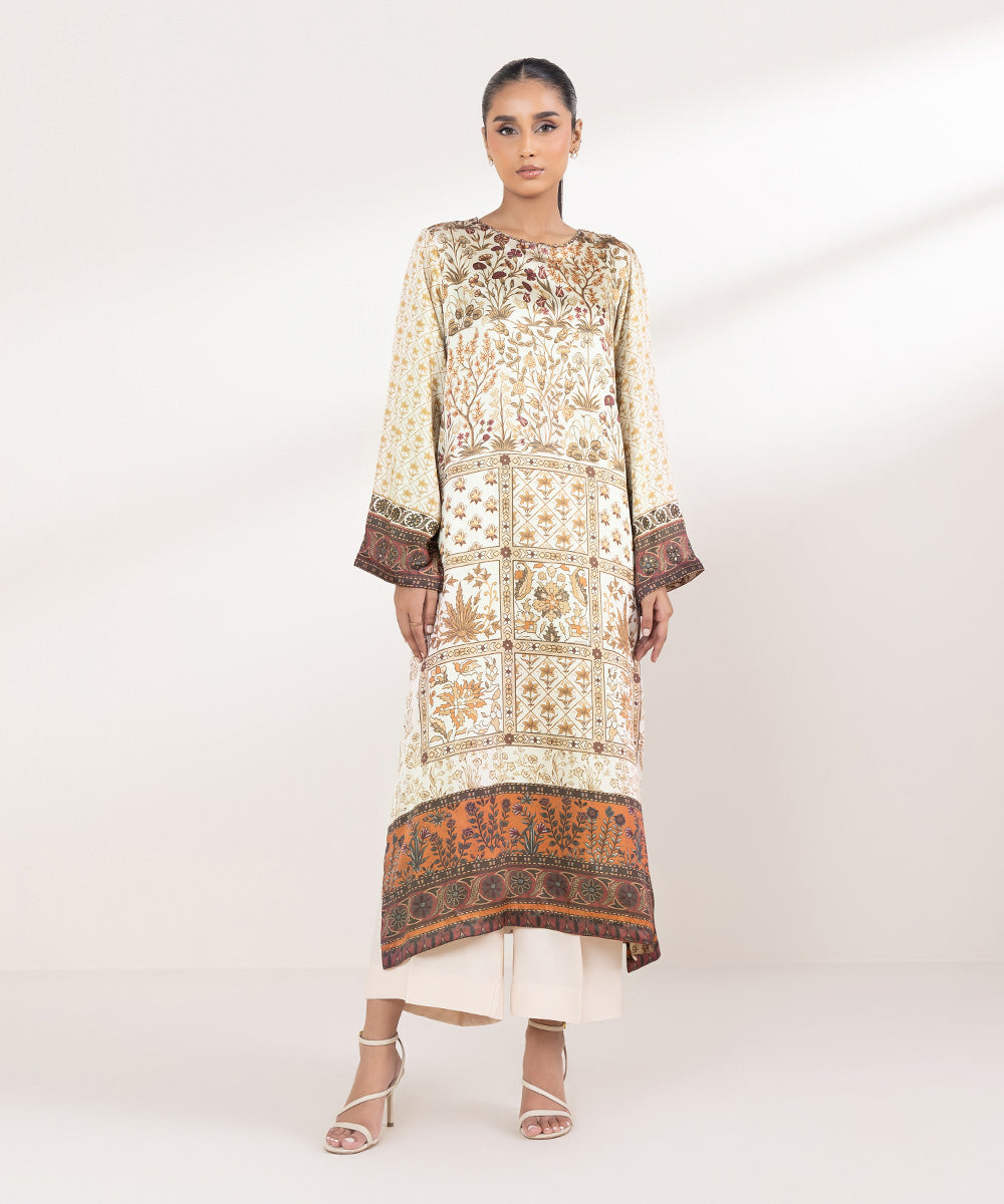 Women's Pret Blended Satin Printed Beige 2 Piece Suit