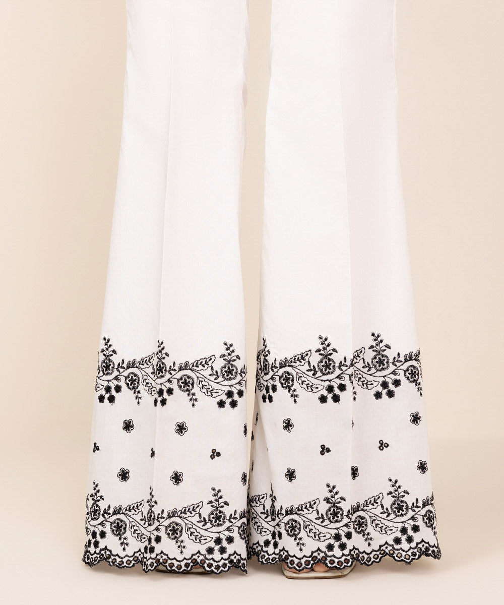 Women's Unstitched Cotton Embroidered White Trousers Fabric