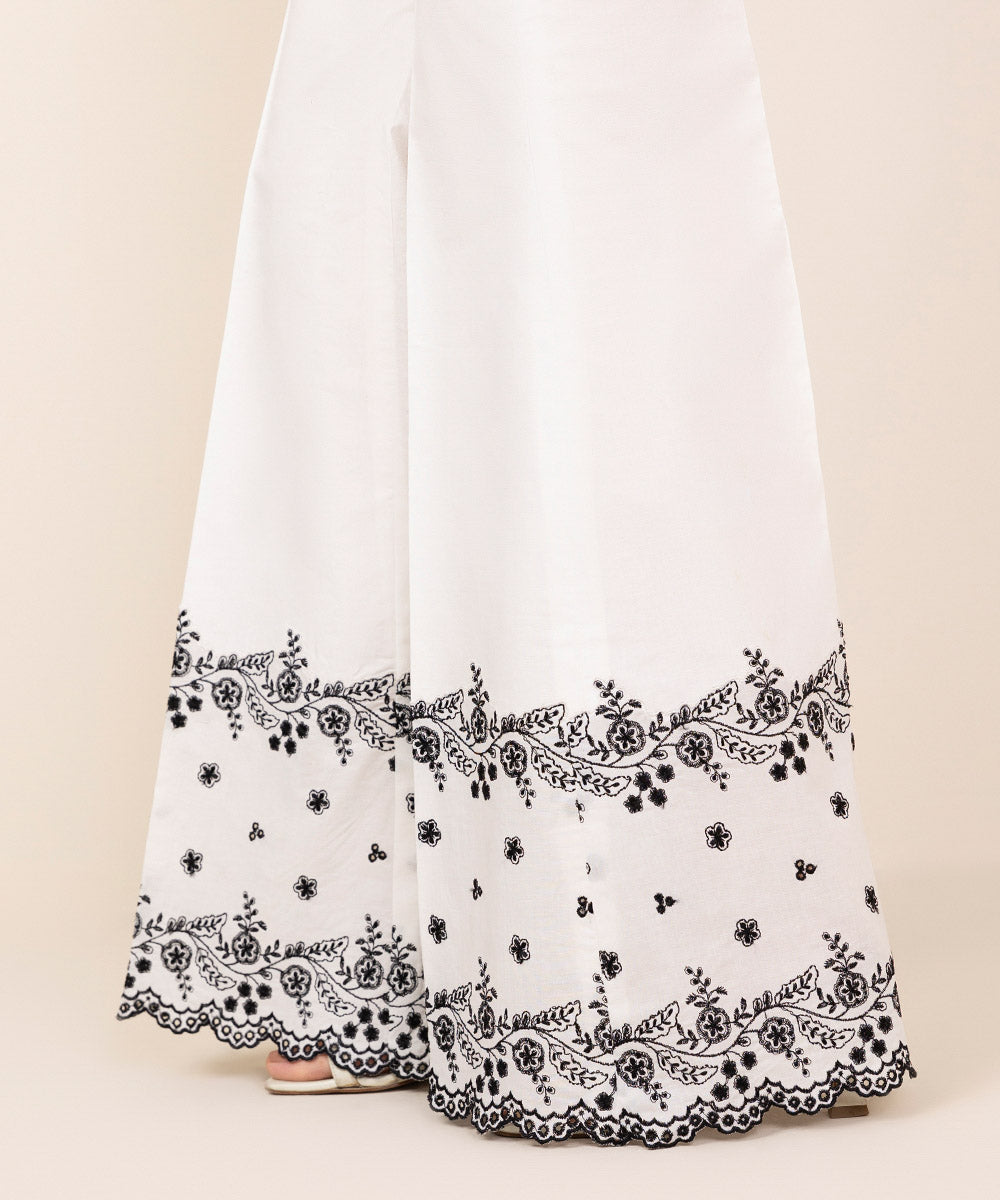 Women's Unstitched Cotton Embroidered White Trousers Fabric