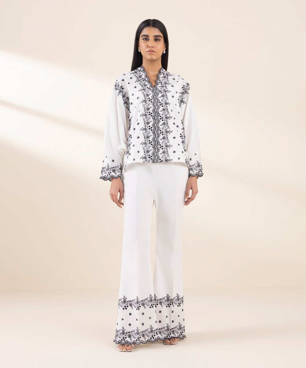 Women's Unstitched Cotton Embroidered White Trousers Fabric