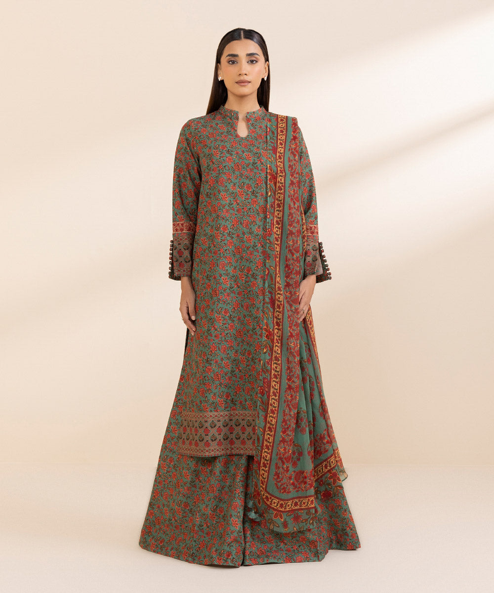 Women's Unstitched Printed Moss Green And Rust Khaddar Shirt and Dupatta