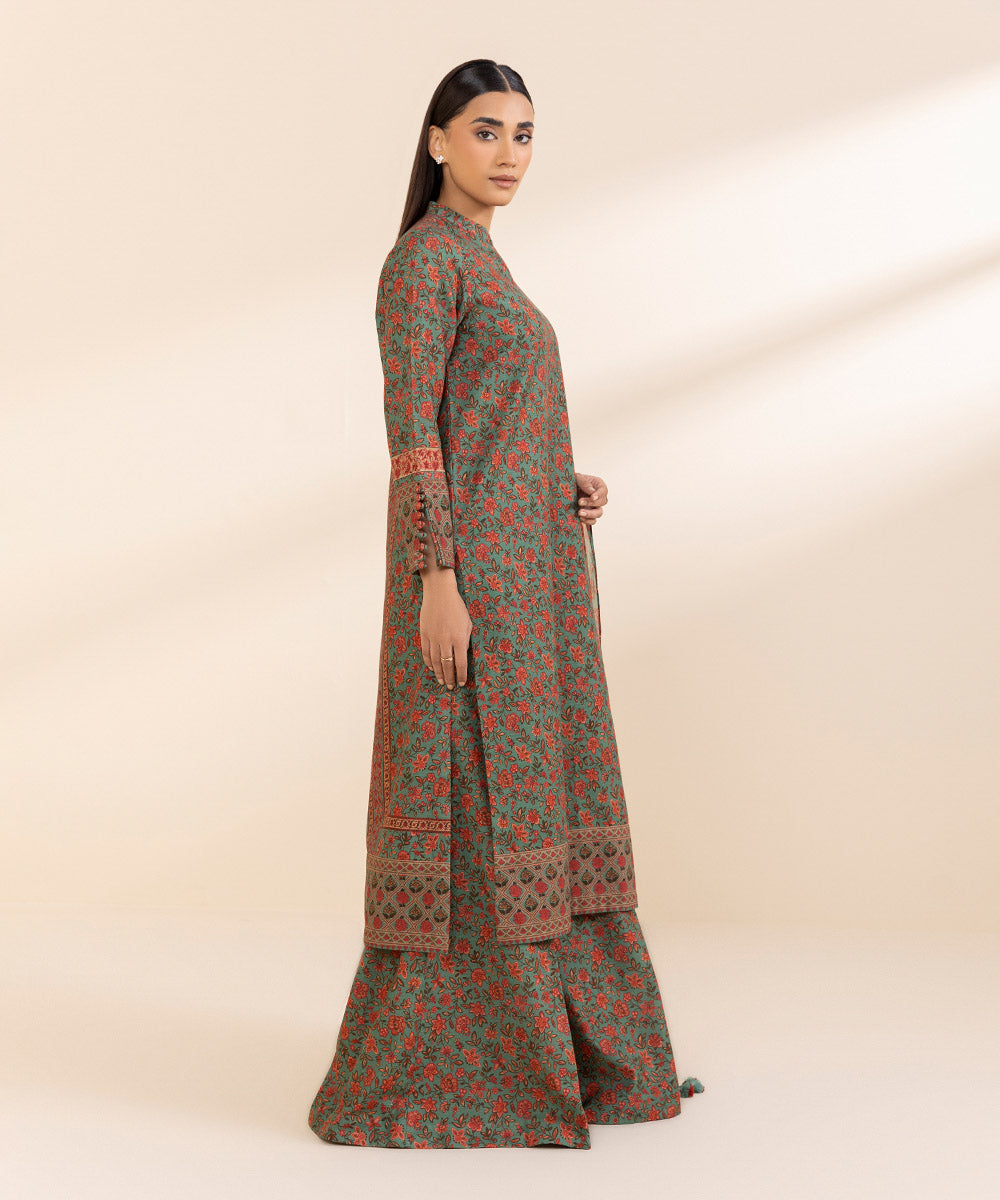 Women's Unstitched Printed Moss Green And Rust Khaddar Shirt and Dupatta