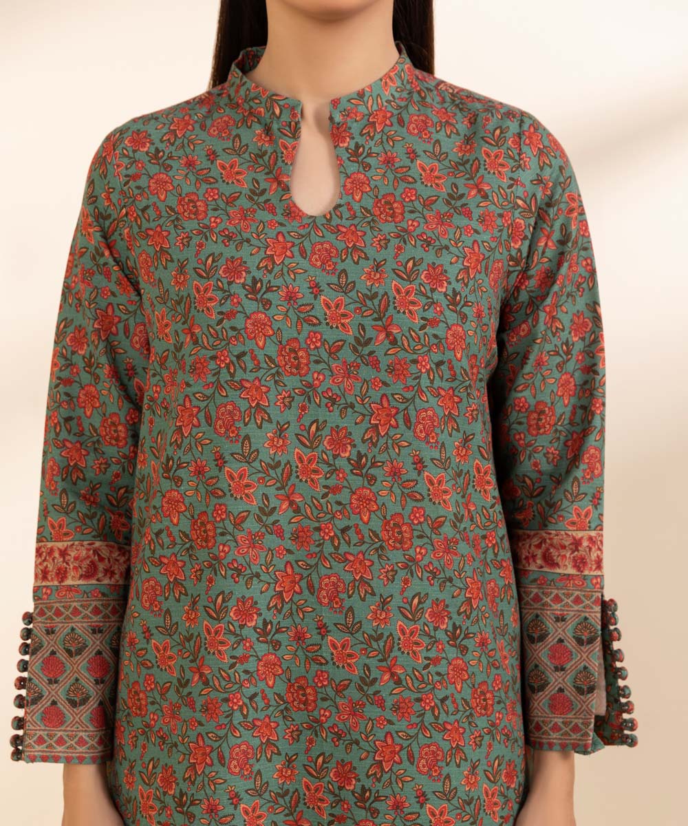 Women's Unstitched Printed Moss Green And Rust Khaddar Shirt and Dupatta