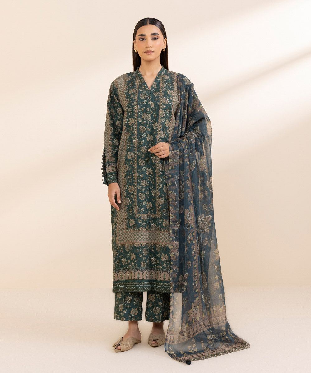 Women's Unstitched Printed Sea Green Khaddar Shirt and Dupatta