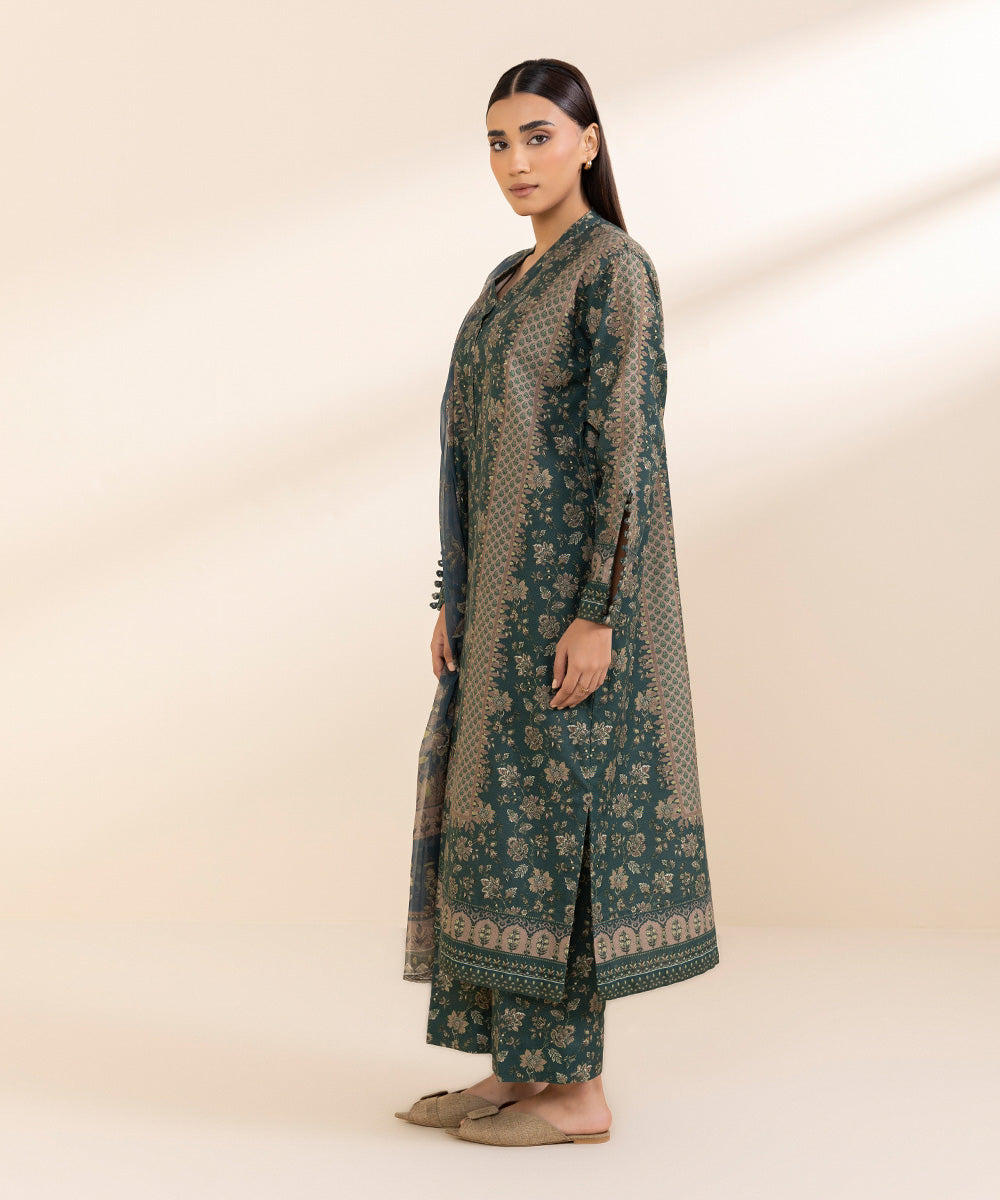 Women's Unstitched Printed Sea Green Khaddar Shirt and Dupatta