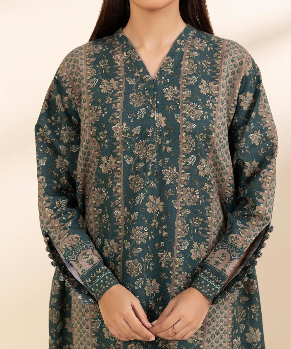 Women's Unstitched Printed Sea Green Khaddar Shirt and Dupatta