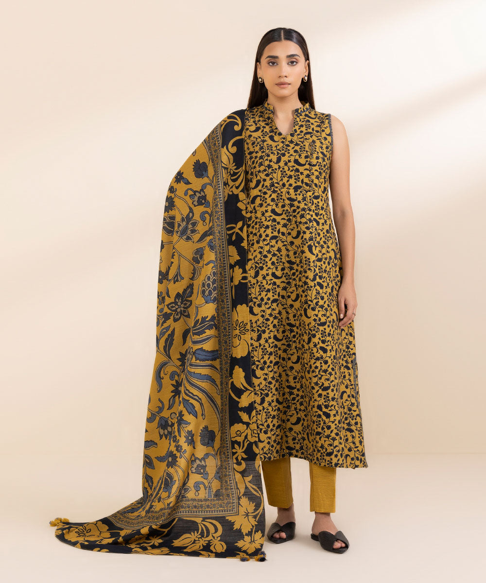 Women's Unstitched Printed Dijon Yellow Khaddar Shirt and Dupatta