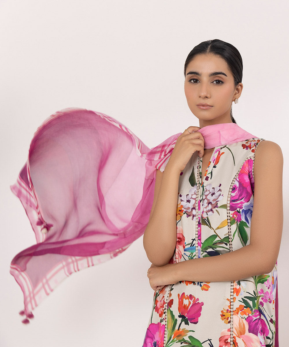 Blended Chiffon Pink Printed Dupatta