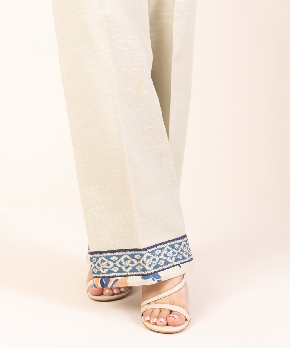 Women's Khaddar Printed Off White Unstitched Trousers Fabric