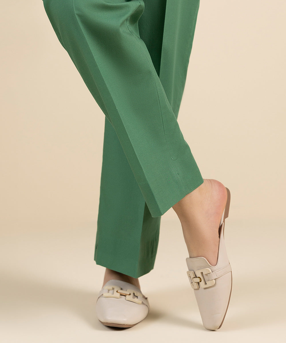 Unstitched Women's Solid Cotton Green Trousers