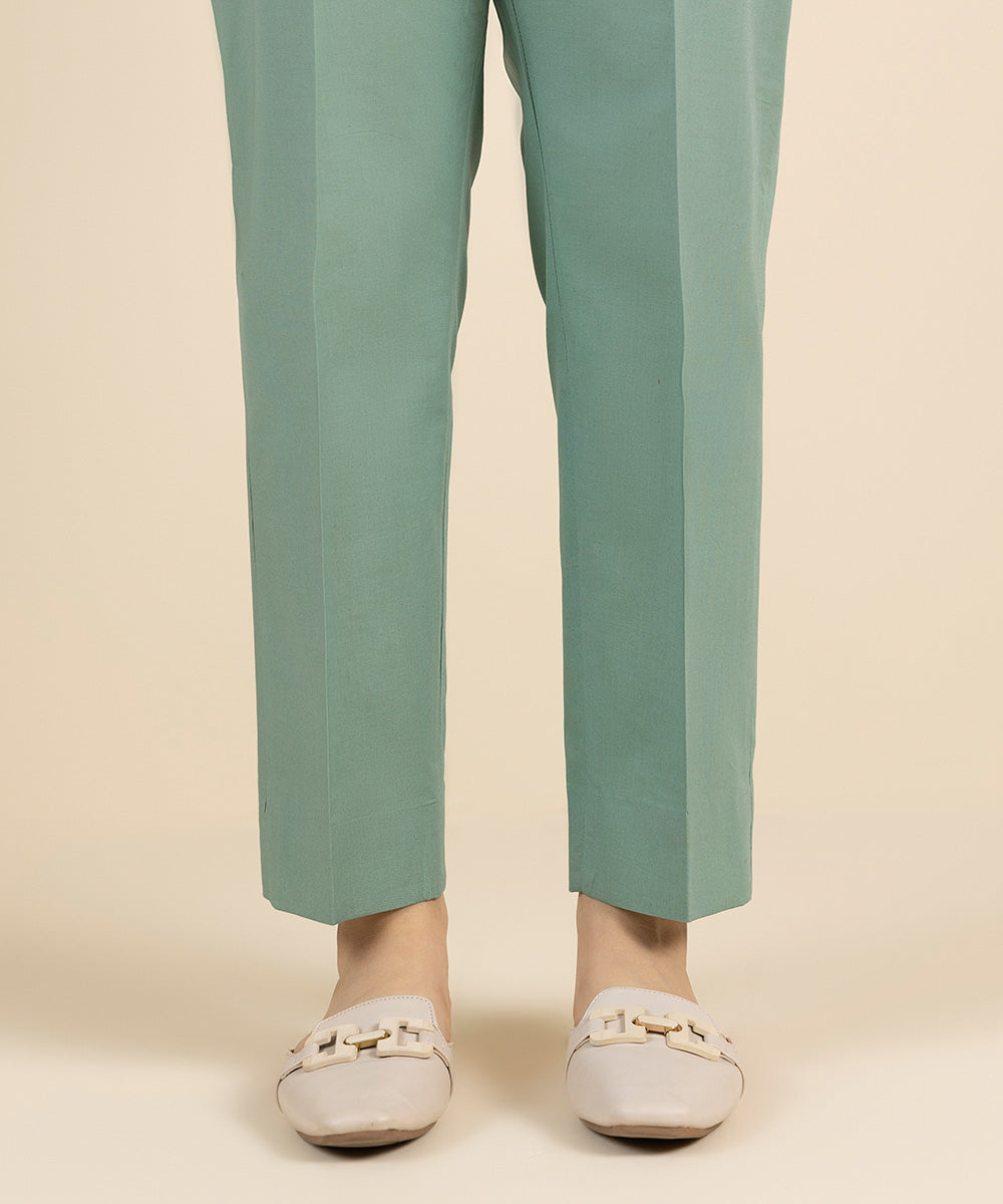 Unstitched Women's Solid Cotton Green Trousers