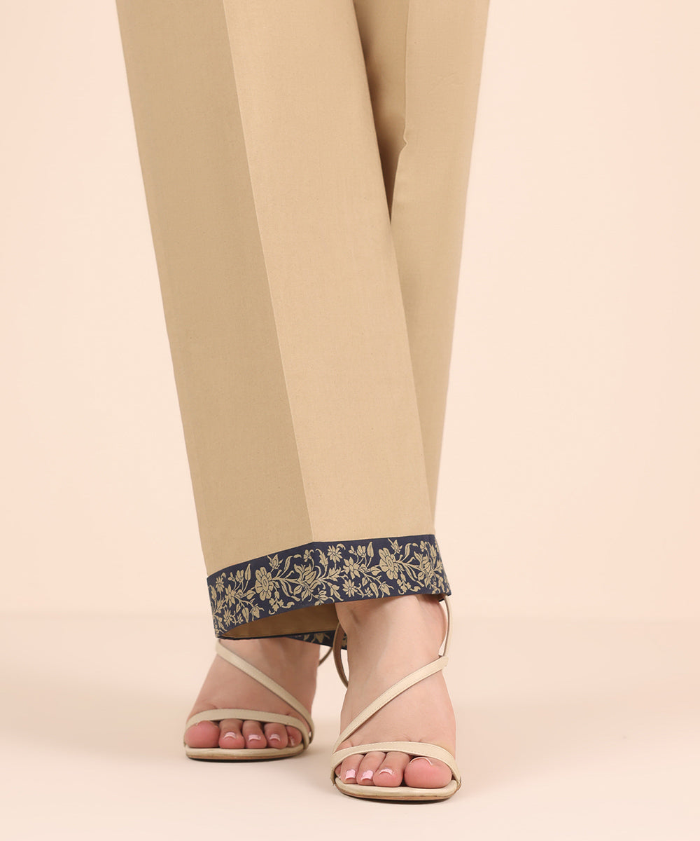Unstitched Women's Solid Cotton Beige Trousers