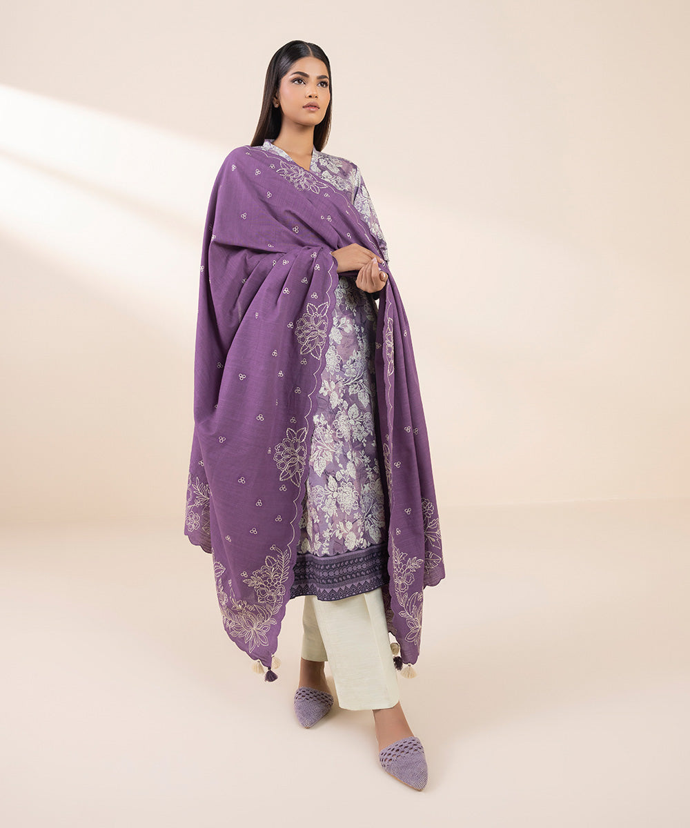 Women's Unstitched Embroidered Lavender Dobby Shirt Dupatta