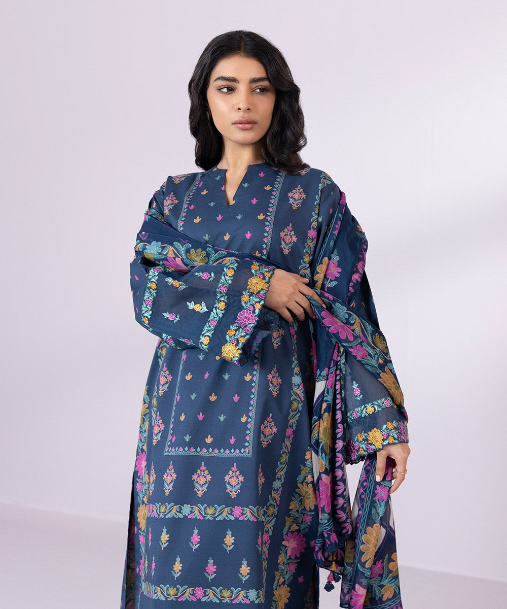 Women's Unstitched Lawn Embroidered Navy Blue 2 Piece Suit