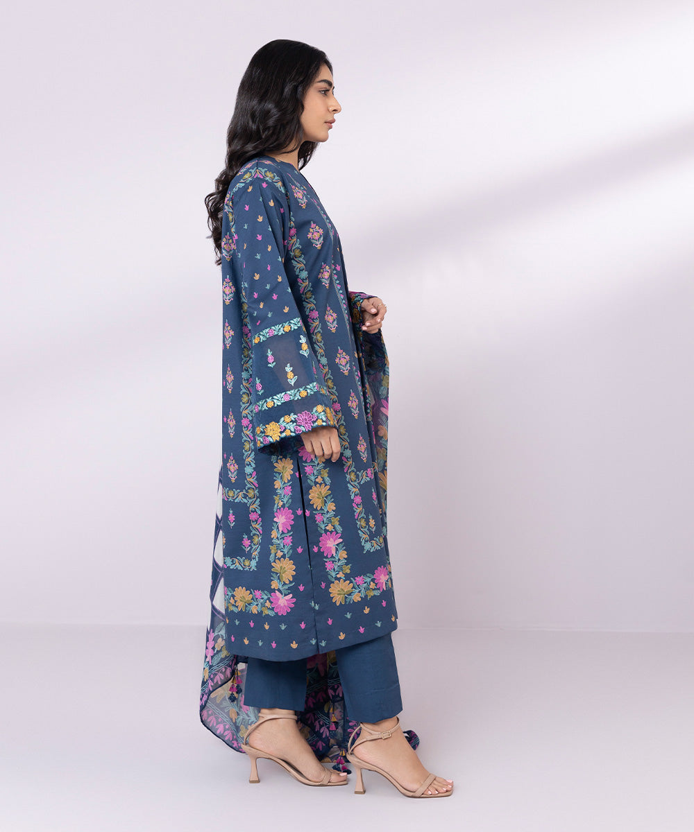 Women's Unstitched Lawn Embroidered Navy Blue 2 Piece Suit