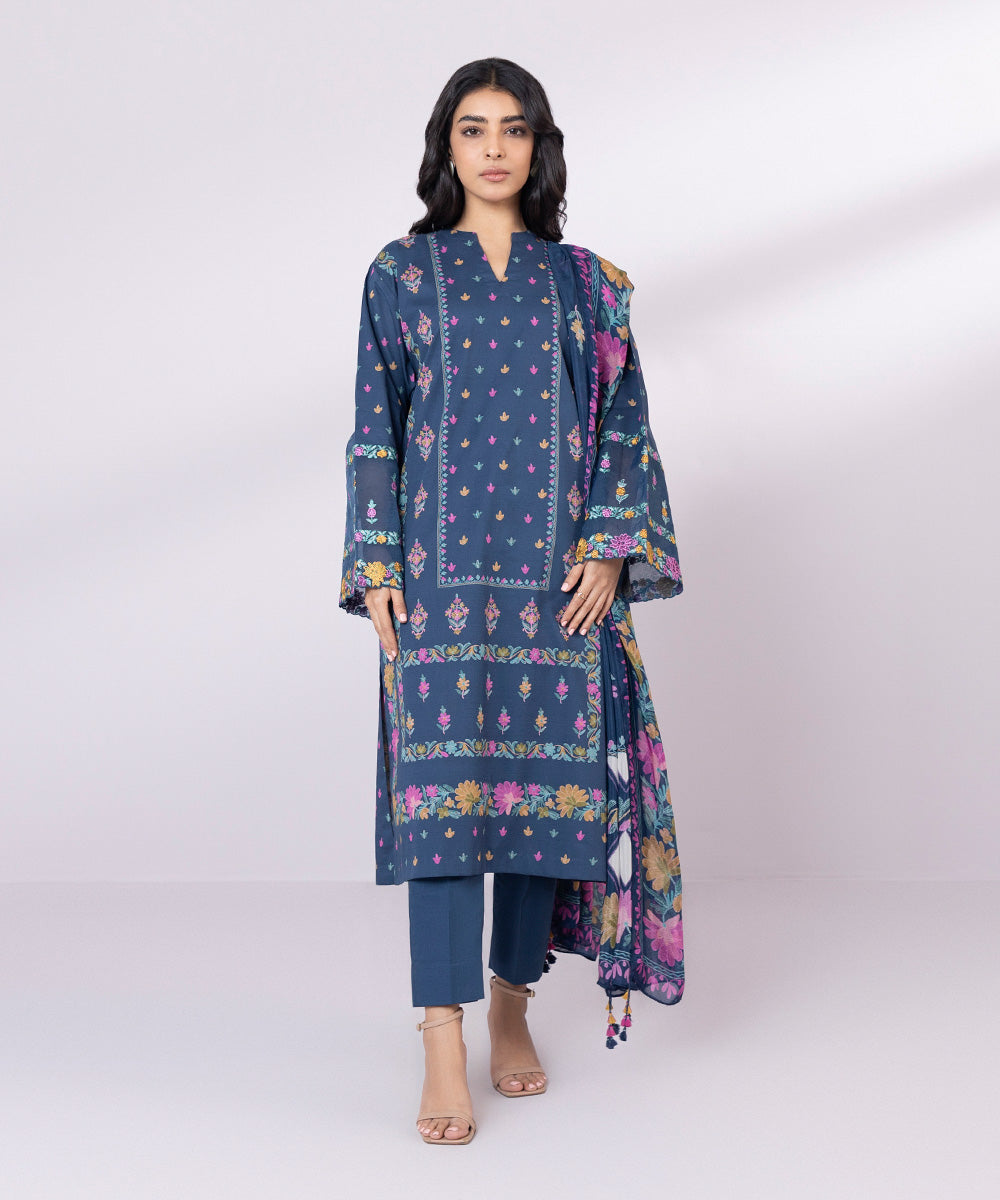 Women's Unstitched Lawn Embroidered Navy Blue 2 Piece Suit