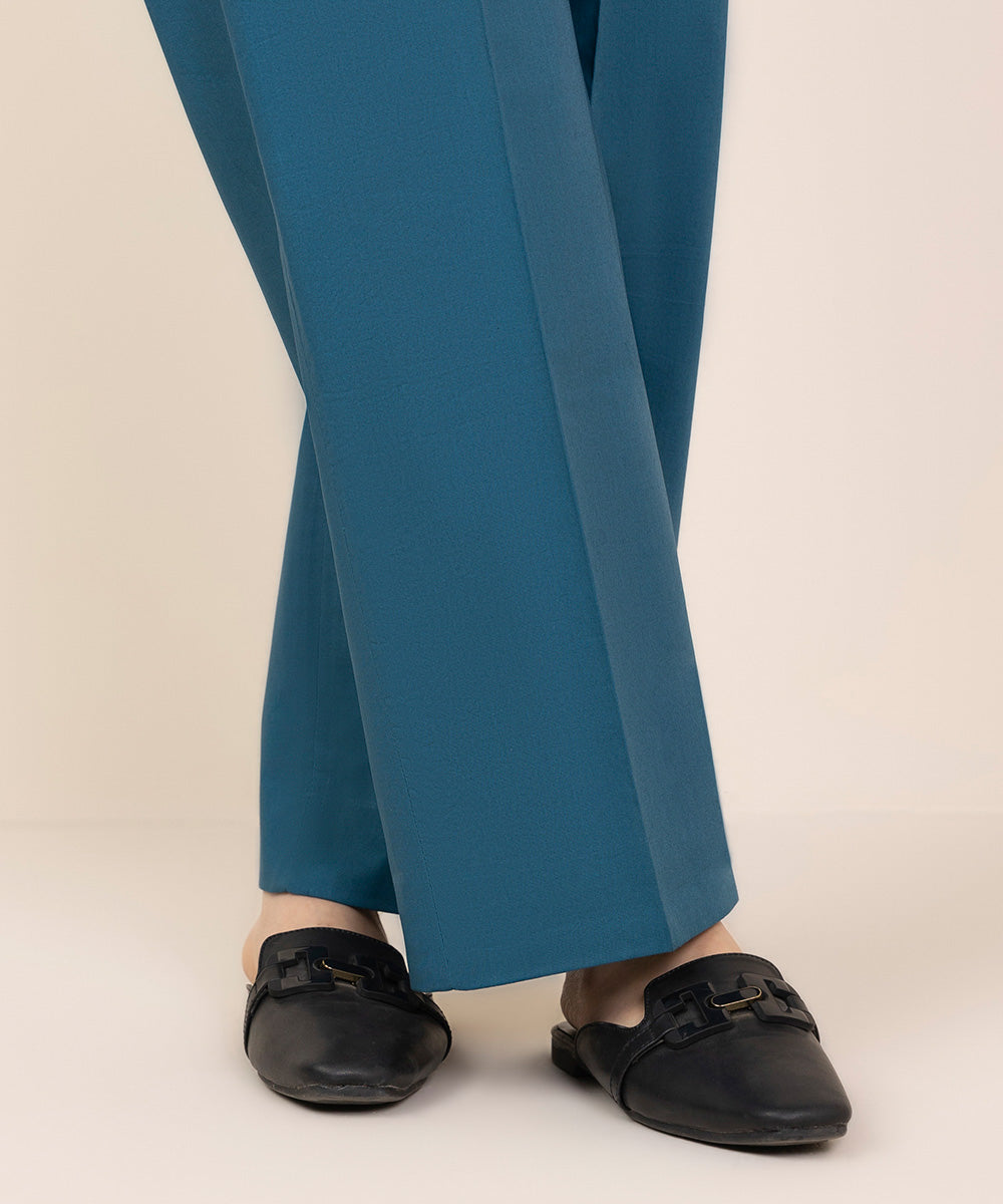 Women's Unstitched Cotton Solid Blue Trousers Fabric